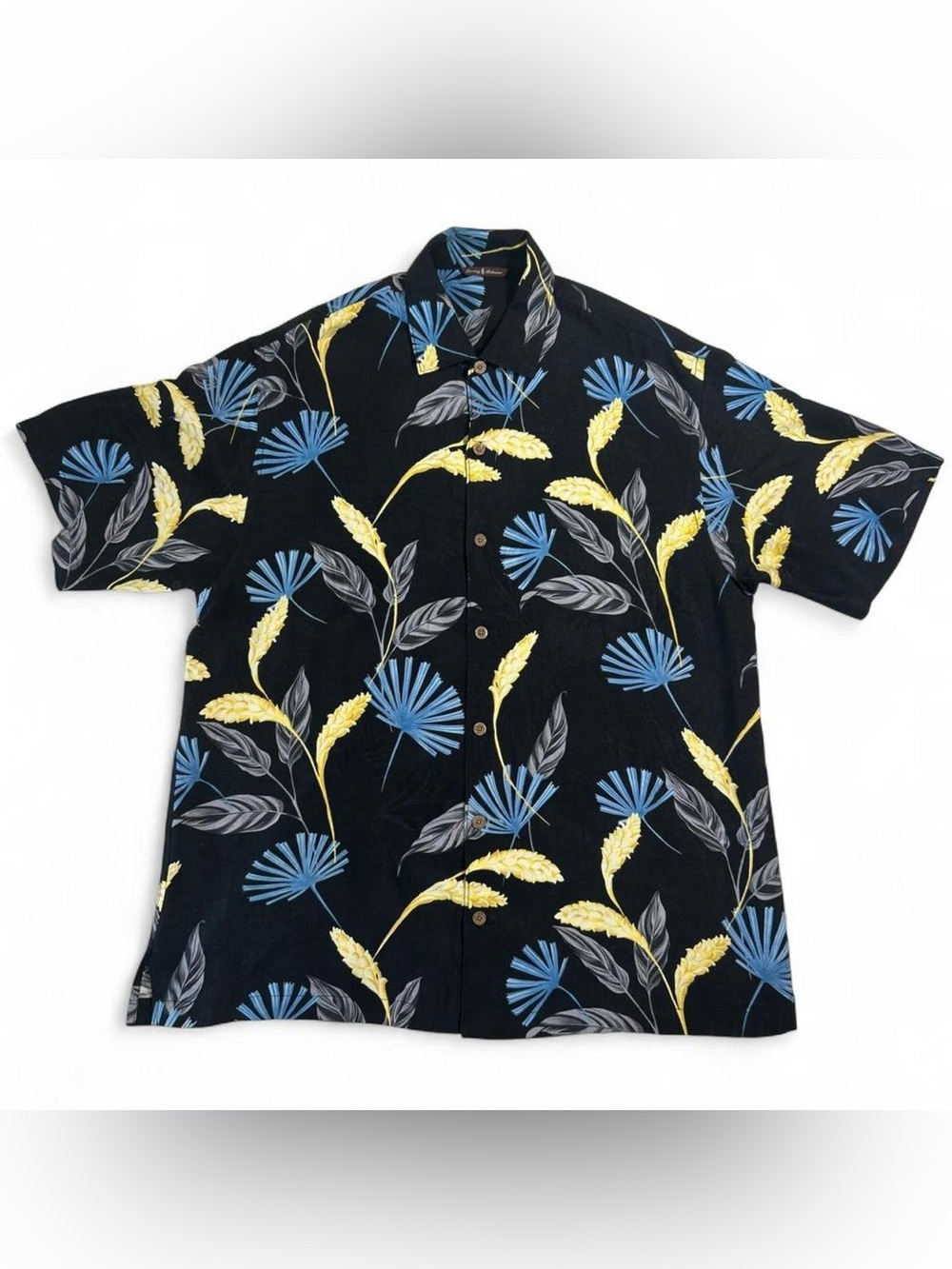 Tommy Bahama XL Silk Bamboo Hawaiian Camp Shirt Black Tropical Y2K